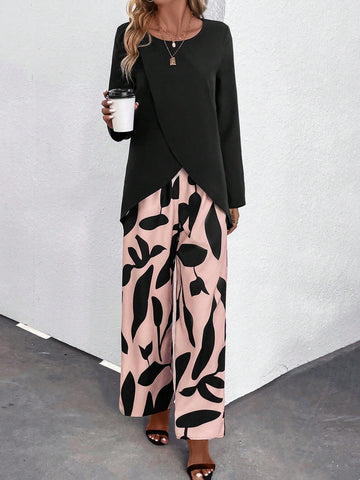 Wrap Hem Top & Leaf Print Wide Leg Pants