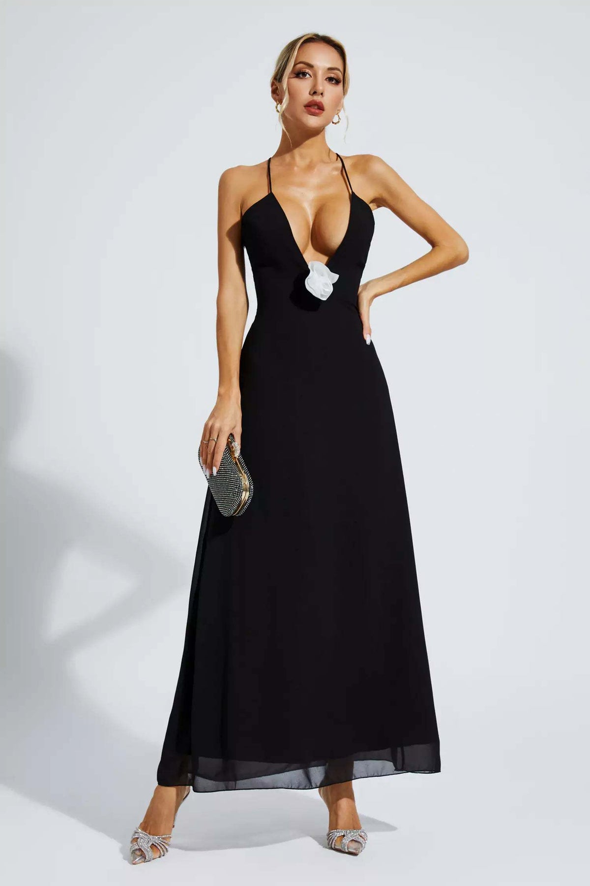 Wrenley Black Floral Embellished Maxi Dress