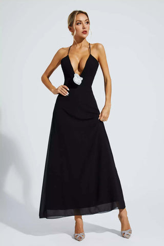 Wrenley Black Floral Embellished Maxi Dress