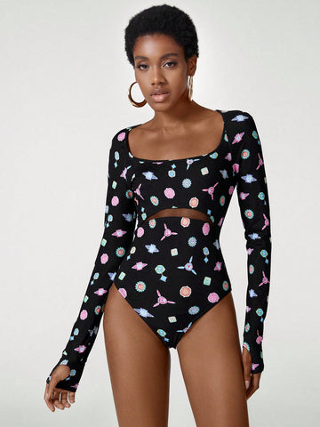 HALF MOON CUTOUT LONG SLEEVE BODYSUIT