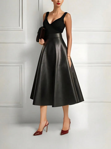 XMDFS Elegant French Style High-Waist Solid Color A-Line Skirt, Fashionable For Spring/Summer/Autumn, Suitable For Party, Commute, Women