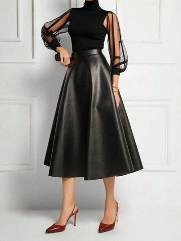 XMDFS Elegant French Style High-Waist Solid Color A-Line Skirt, Fashionable For Spring/Summer/Autumn, Suitable For Party, Commute, Women