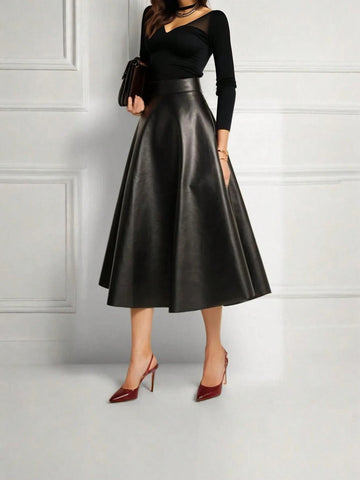 XMDFS Elegant French Style High-Waist Solid Color A-Line Skirt, Fashionable For Spring/Summer/Autumn, Suitable For Party, Commute, Women