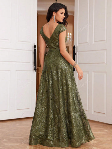 XUIBOL Beaded V-Neck Cap Sleeve A-Line Waistband Formal Evening Graduation Gown Dress (Heavy Embellished)