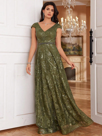 XUIBOL Beaded V-Neck Cap Sleeve A-Line Waistband Formal Evening Graduation Gown Dress (Heavy Embellished)