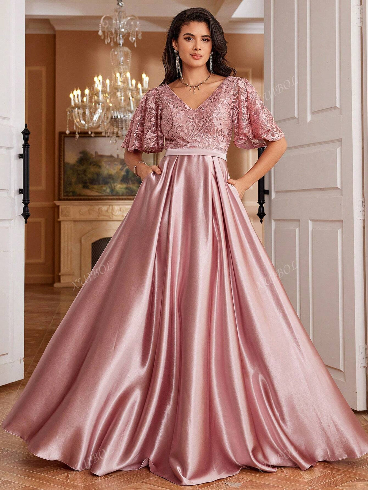 XUIBOL Embroidered Lace Patchwork Satin Short Sleeve A-Line Maxi Dress With Pockets, V-Neck, Elegant Long Formal Gown For Women (Delicate Design),Wedding Event Dress