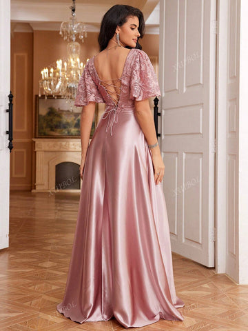 XUIBOL Embroidered Lace Patchwork Satin Short Sleeve A-Line Maxi Dress With Pockets, V-Neck, Elegant Long Formal Gown For Women (Delicate Design),Wedding Event Dress