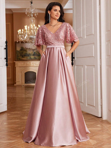 XUIBOL Embroidered Lace Patchwork Satin Short Sleeve A-Line Maxi Dress With Pockets, V-Neck, Elegant Long Formal Gown For Women (Delicate Design),Wedding Event Dress