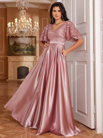 XUIBOL Embroidered Lace Patchwork Satin Short Sleeve A-Line Maxi Dress With Pockets, V-Neck, Elegant Long Formal Gown For Women (Delicate Design),Wedding Event Dress