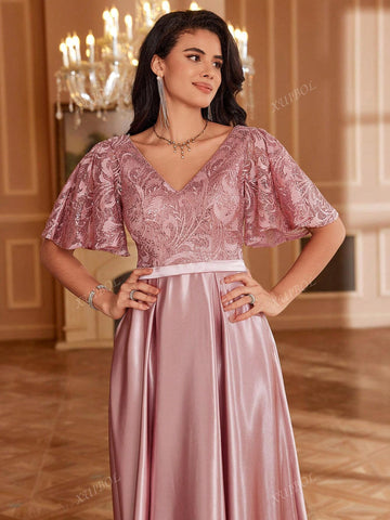 XUIBOL Embroidered Lace Patchwork Satin Short Sleeve A-Line Maxi Dress With Pockets, V-Neck, Elegant Long Formal Gown For Women (Delicate Design),Wedding Event Dress