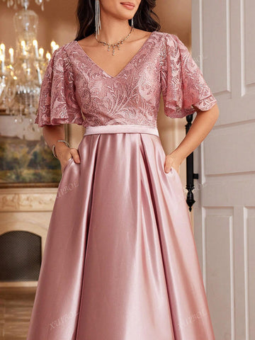 XUIBOL Embroidered Lace Patchwork Satin Short Sleeve A-Line Maxi Dress With Pockets, V-Neck, Elegant Long Formal Gown For Women (Delicate Design),Wedding Event Dress