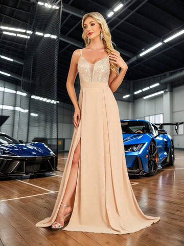 XUIBOL Sequin Patchwork Chiffon V-Neck Long Sleeve A-Line Party Dress, Solid Color Women's Elegant Formal Gown Suitable For Balls, Parties, Graduations, Weddings