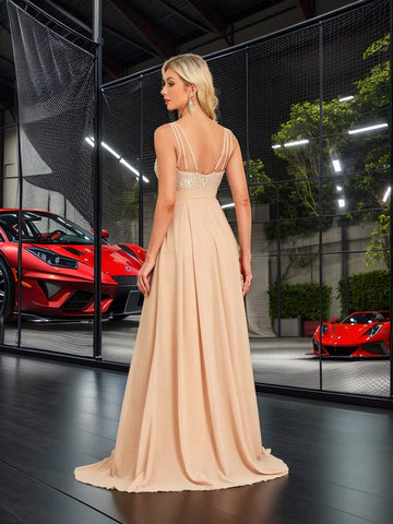 XUIBOL Sequin Patchwork Chiffon V-Neck Long Sleeve A-Line Party Dress, Solid Color Women's Elegant Formal Gown Suitable For Balls, Parties, Graduations, Weddings