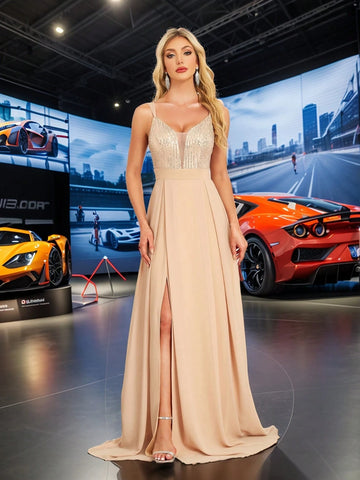 XUIBOL Sequin Patchwork Chiffon V-Neck Long Sleeve A-Line Party Dress, Solid Color Women's Elegant Formal Gown Suitable For Balls, Parties, Graduations, Weddings