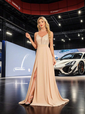 XUIBOL Sequin Patchwork Chiffon V-Neck Long Sleeve A-Line Party Dress, Solid Color Women's Elegant Formal Gown Suitable For Balls, Parties, Graduations, Weddings