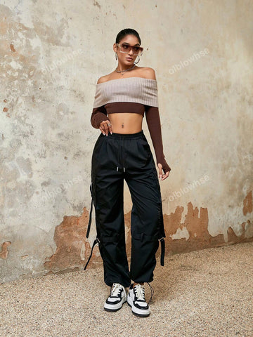 Y2K Elastic High Waist Tape Decor Ruched Detail Straight Leg Cargo Parachute Pants