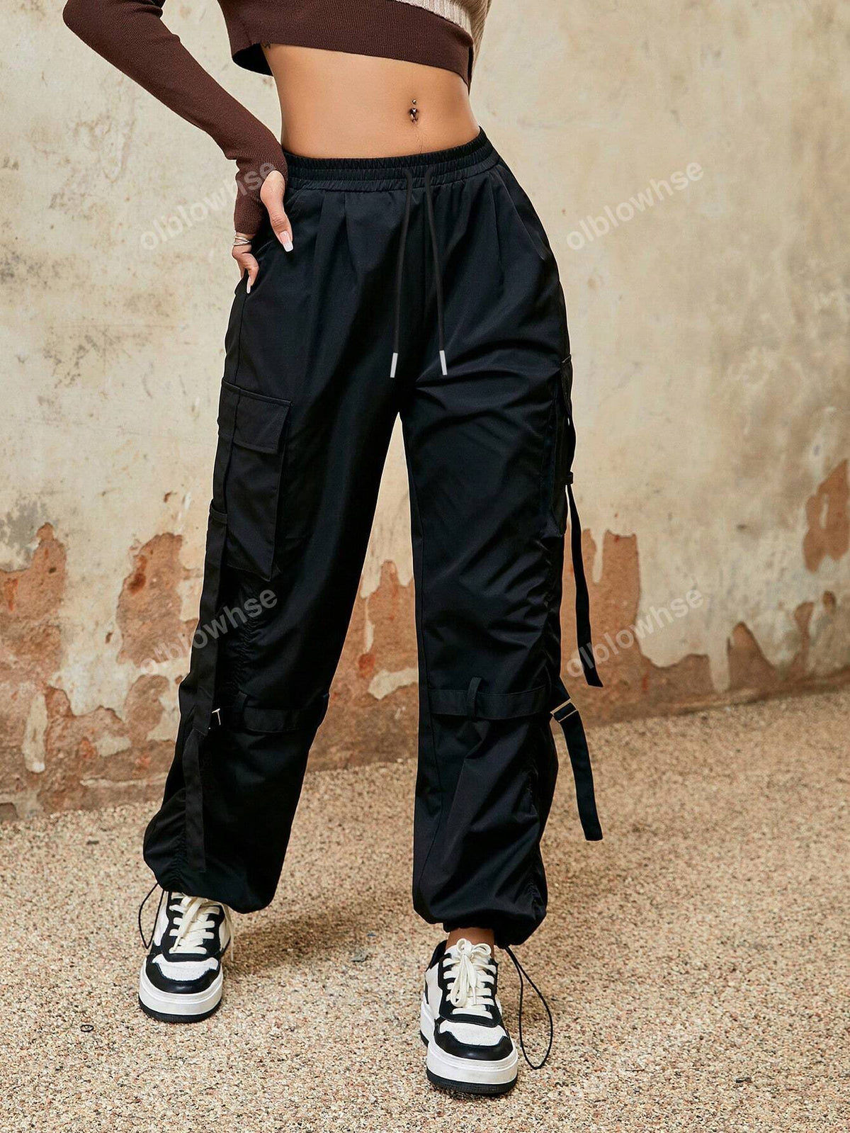 Y2K Elastic High Waist Tape Decor Ruched Detail Straight Leg Cargo Parachute Pants