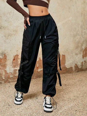 Y2K Elastic High Waist Tape Decor Ruched Detail Straight Leg Cargo Parachute Pants