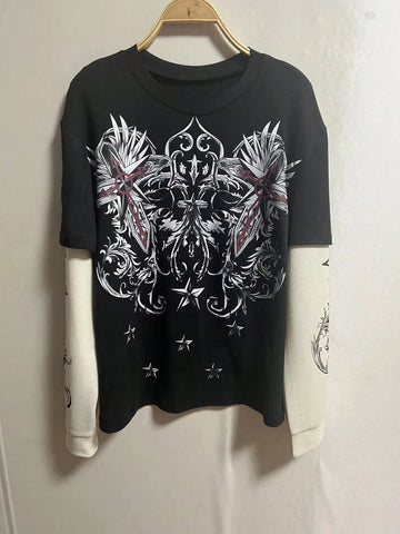Y2K Fashion Graphic Print Colorblock Splice Mock Neck T-Shirt
