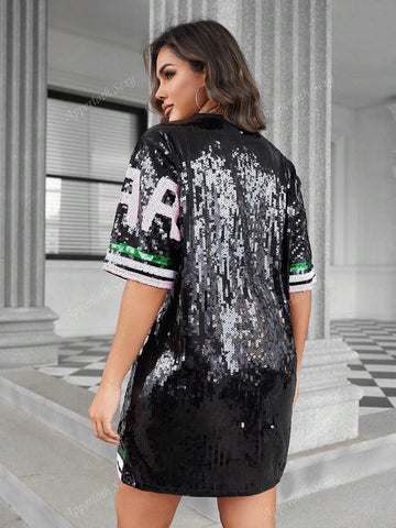 Y2K Festival Contrast Sparkling Sequin Round Neck Drop Shoulder Digital Print Short Sleeve Club Party Tee Dress
