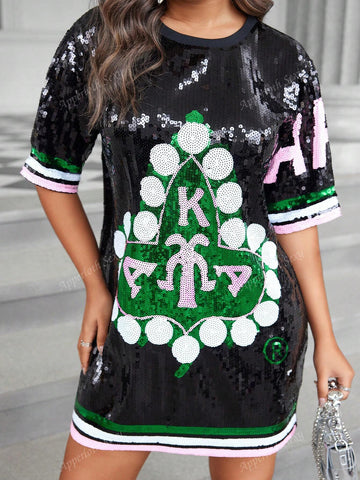 Y2K Festival Contrast Sparkling Sequin Round Neck Drop Shoulder Digital Print Short Sleeve Club Party Tee Dress