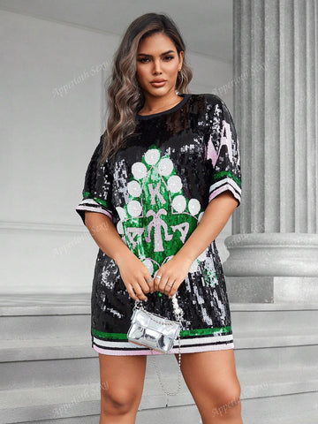 Y2K Festival Contrast Sparkling Sequin Round Neck Drop Shoulder Digital Print Short Sleeve Club Party Tee Dress