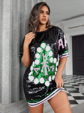 Y2K Festival Contrast Sparkling Sequin Round Neck Drop Shoulder Digital Print Short Sleeve Club Party Tee Dress