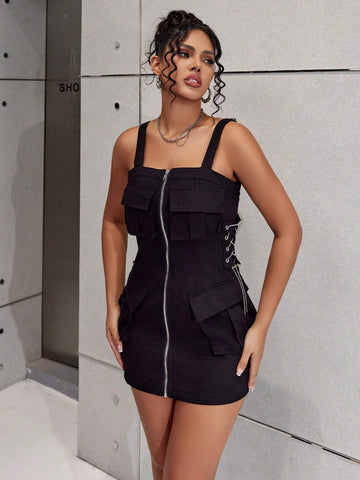 Y2K Street Hottie Flap Pocket Zipper Fly Eyelet Chain Lace Up Side Cargo Cami Mini Dress