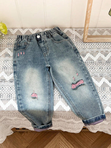YOUNG GIRL Casual Street-Style Light Pink Yarn-Spliced Light Wash Ripped Baggy Jeans