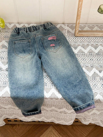 YOUNG GIRL Casual Street-Style Light Pink Yarn-Spliced Light Wash Ripped Baggy Jeans