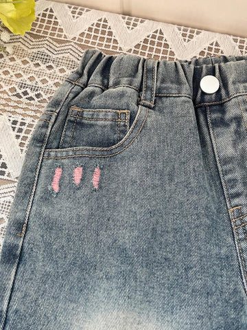 YOUNG GIRL Casual Street-Style Light Pink Yarn-Spliced Light Wash Ripped Baggy Jeans