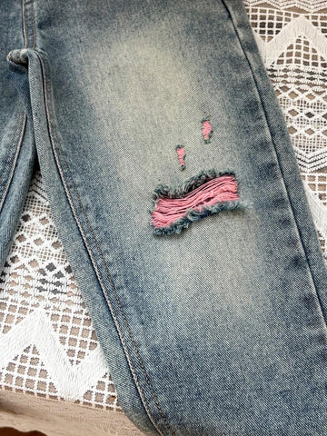 YOUNG GIRL Casual Street-Style Light Pink Yarn-Spliced Light Wash Ripped Baggy Jeans
