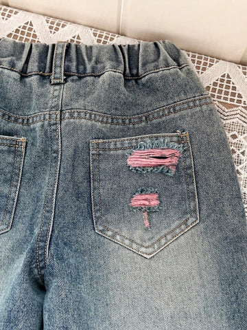 YOUNG GIRL Casual Street-Style Light Pink Yarn-Spliced Light Wash Ripped Baggy Jeans