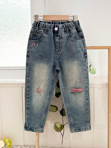 YOUNG GIRL Casual Street-Style Light Pink Yarn-Spliced Light Wash Ripped Baggy Jeans