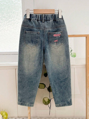 YOUNG GIRL Casual Street-Style Light Pink Yarn-Spliced Light Wash Ripped Baggy Jeans