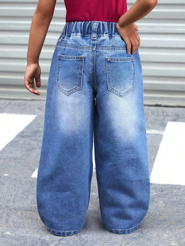 YOUNG GIRL Y2K Street Style Color-Blocking Cotton Candy Colored Ripped Loose Wide Leg Jeans