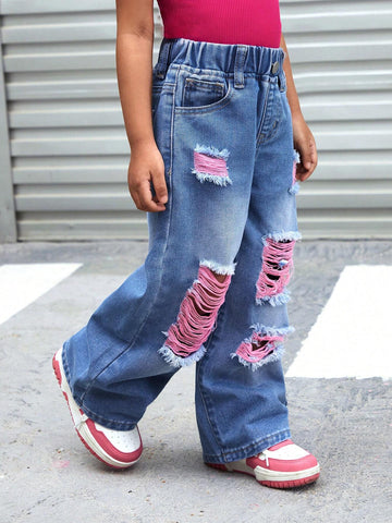 YOUNG GIRL Y2K Street Style Color-Blocking Cotton Candy Colored Ripped Loose Wide Leg Jeans