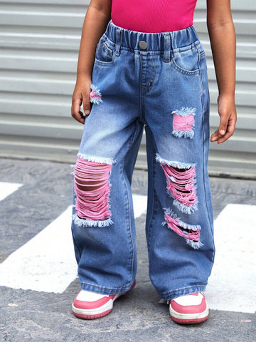 YOUNG GIRL Y2K Street Style Color-Blocking Cotton Candy Colored Ripped Loose Wide Leg Jeans