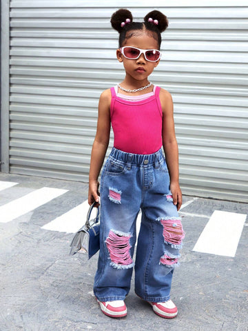 YOUNG GIRL Y2K Street Style Color-Blocking Cotton Candy Colored Ripped Loose Wide Leg Jeans