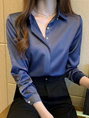 Elegant Navy Blue Long Sleeve Blouse For Women - Professional Workwear, Semi-Sheer Polyester, Button Detail, Perfect For Spring/Fall