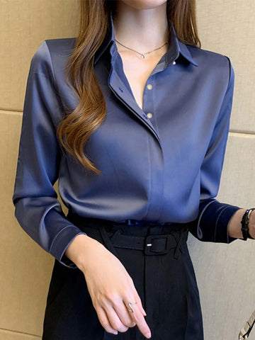 Elegant Navy Blue Long Sleeve Blouse For Women - Professional Workwear, Semi-Sheer Polyester, Button Detail, Perfect For Spring/Fall