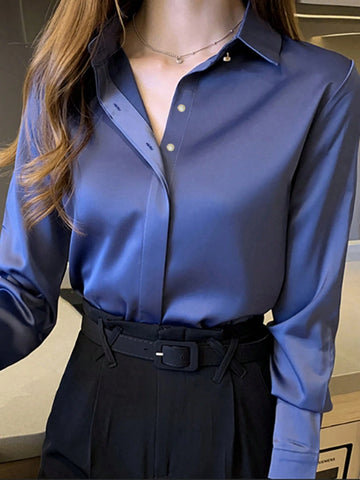 Elegant Navy Blue Long Sleeve Blouse For Women - Professional Workwear, Semi-Sheer Polyester, Button Detail, Perfect For Spring/Fall
