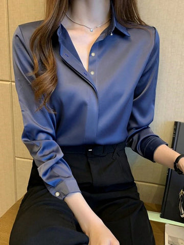Elegant Navy Blue Long Sleeve Blouse For Women - Professional Workwear, Semi-Sheer Polyester, Button Detail, Perfect For Spring/Fall