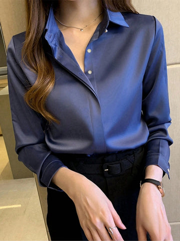 Elegant Navy Blue Long Sleeve Blouse For Women - Professional Workwear, Semi-Sheer Polyester, Button Detail, Perfect For Spring/Fall