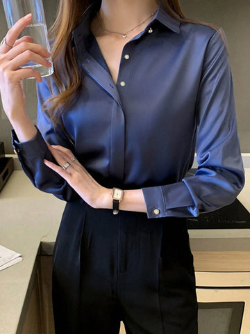 Elegant Navy Blue Long Sleeve Blouse For Women - Professional Workwear, Semi-Sheer Polyester, Button Detail, Perfect For Spring/Fall