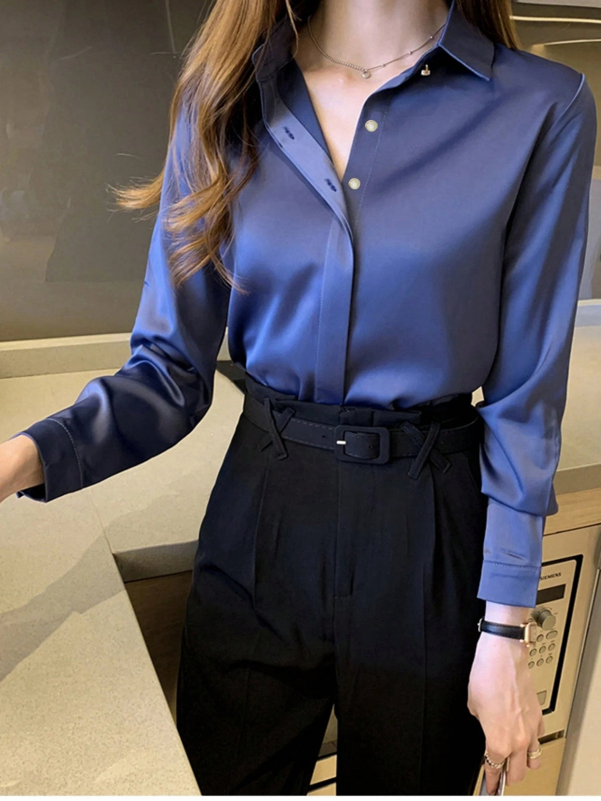 Elegant Navy Blue Long Sleeve Blouse For Women - Professional Workwear, Semi-Sheer Polyester, Button Detail, Perfect For Spring/Fall