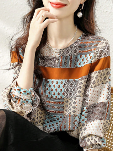 New Spring Autumn Original Design Loose Digital Print Colorblock Women Shirt
