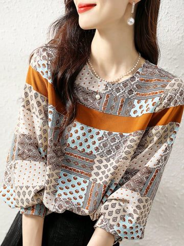 New Spring Autumn Original Design Loose Digital Print Colorblock Women Shirt