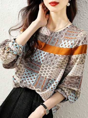 New Spring Autumn Original Design Loose Digital Print Colorblock Women Shirt