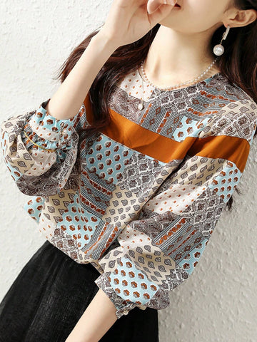 New Spring Autumn Original Design Loose Digital Print Colorblock Women Shirt